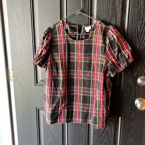 J. Crew - plaid top with gathered short sleeves and tie at back top, size XL
